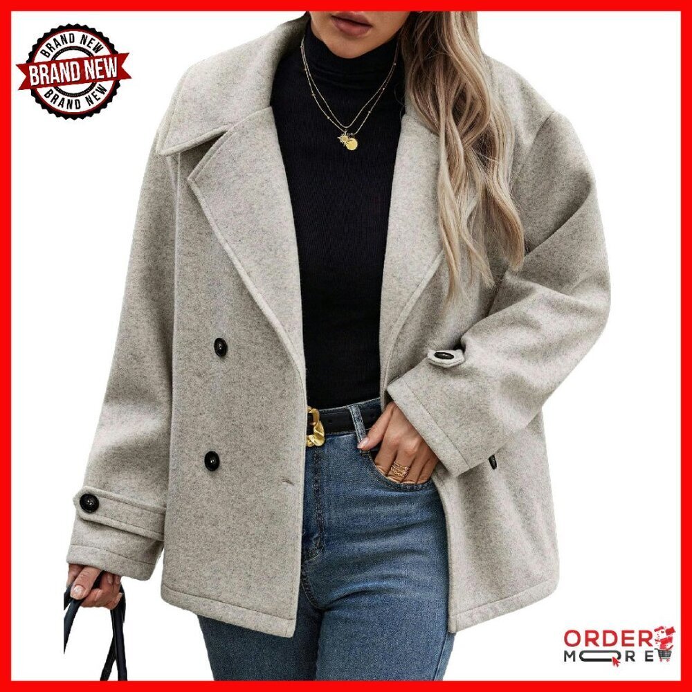 Cropped Wool Trench Coat Double Breasted Blazer Jacket Pea Coat